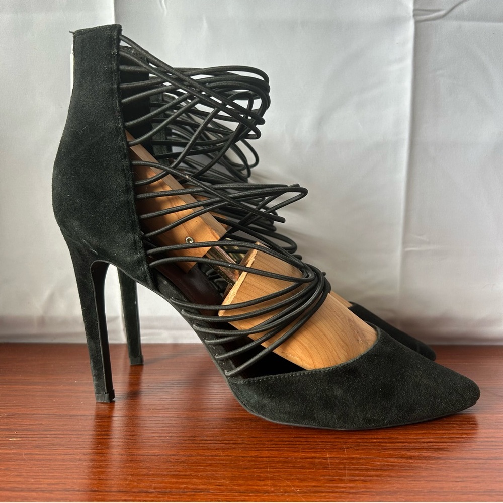 BCBGeneration Womens 11 M 41 Black Suede Strappy Elastic Stiletto Heels Club Fun